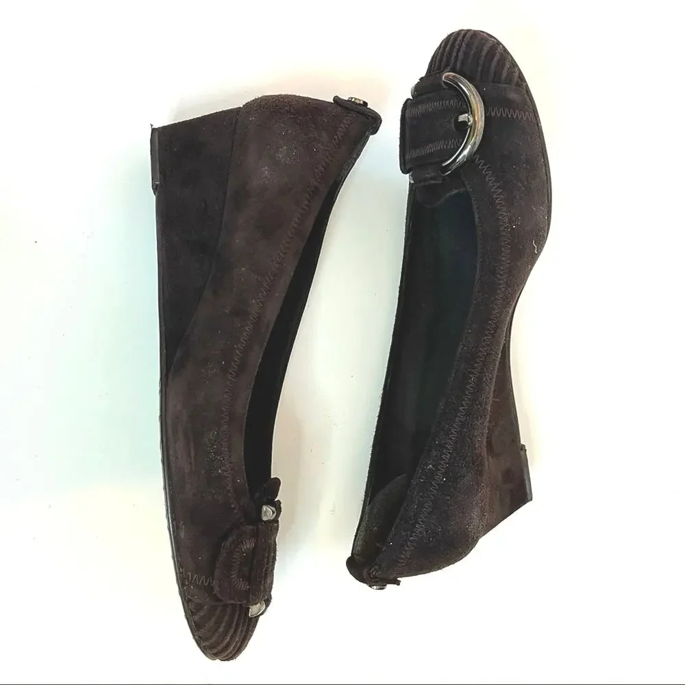 Stuart Weitzman Brown Suede Leather Buckle Wedge Shoes Women's Round Toe Size 6 - Picture 7 of 9